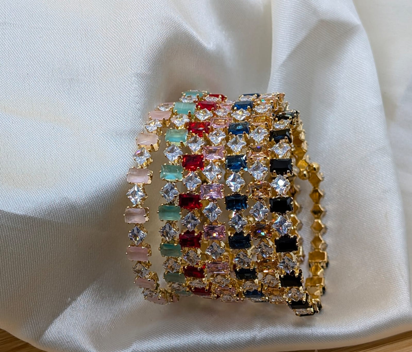 Sparkling Crystal Baguette Bangle – Elegant Golden Kada with Multicolored Stones