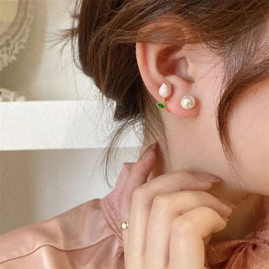 Elegant Purple Tulip & Pearl Drop Stud Earrings – Floral Korean Style Fashion Jewelry for Women