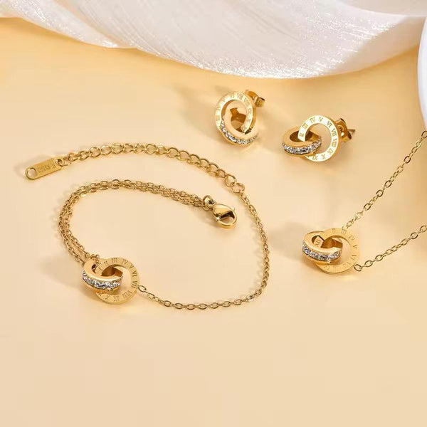 Luxury Roman Numeral Interlocking Rings Jewelry Set – Necklace, Bracelet & Earrings 3-Piece Combo