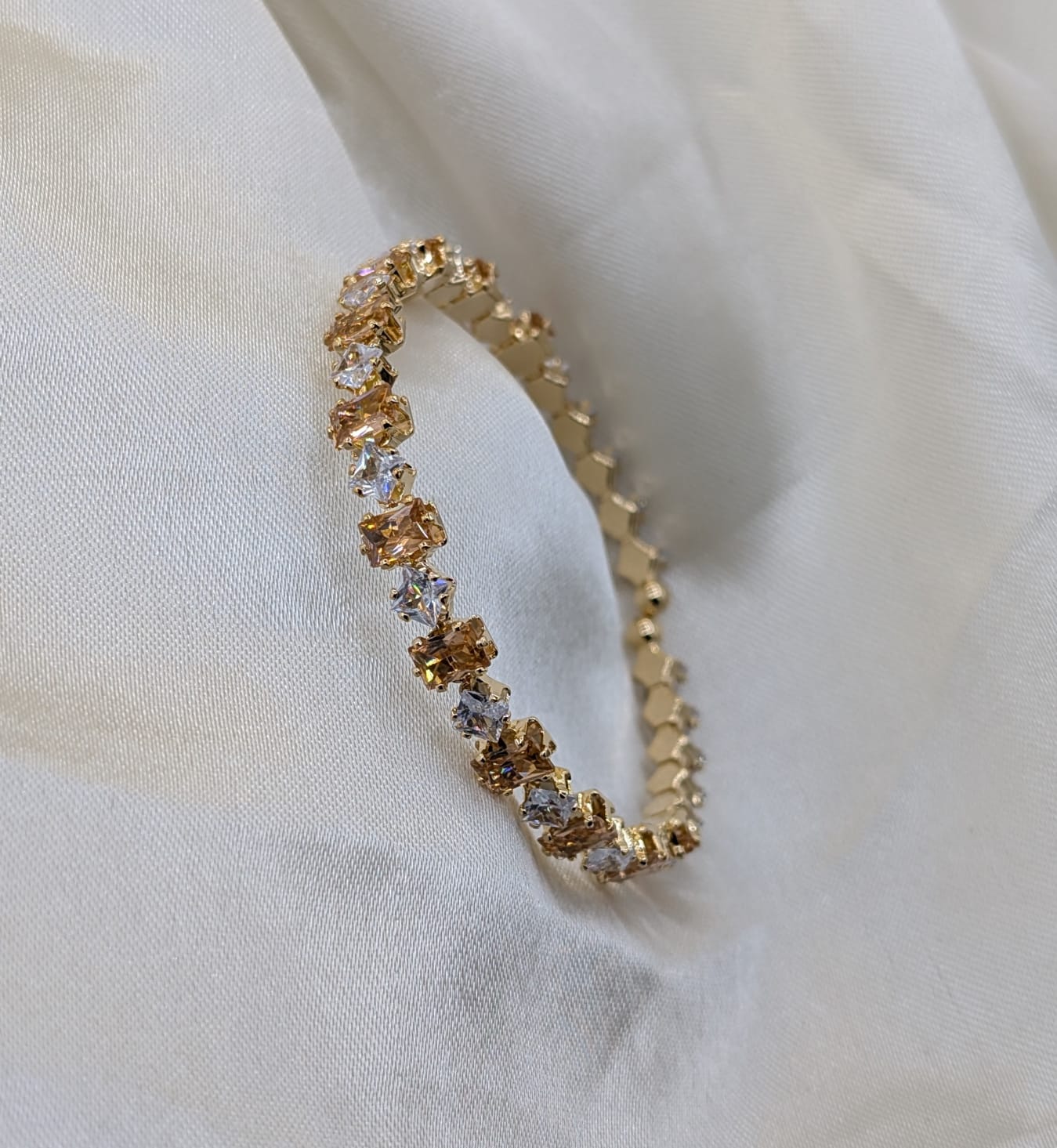 Sparkling Crystal Baguette Bangle – Elegant Golden Kada with Multicolored Stones