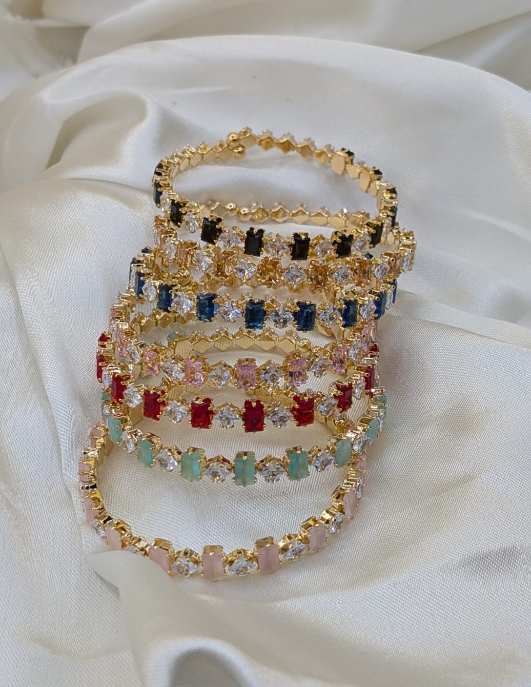 Sparkling Crystal Baguette Bangle – Elegant Golden Kada with Multicolored Stones