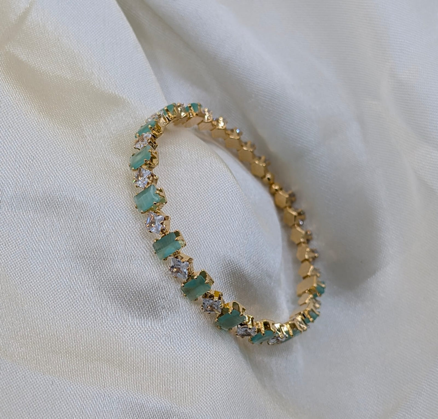 Sparkling Crystal Baguette Bangle – Elegant Golden Kada with Multicolored Stones
