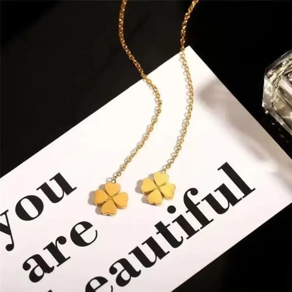 Four-Leaf Clover Long Chain Threader Earrings – Elegant Gold-Tone Tassel Drop Earrings