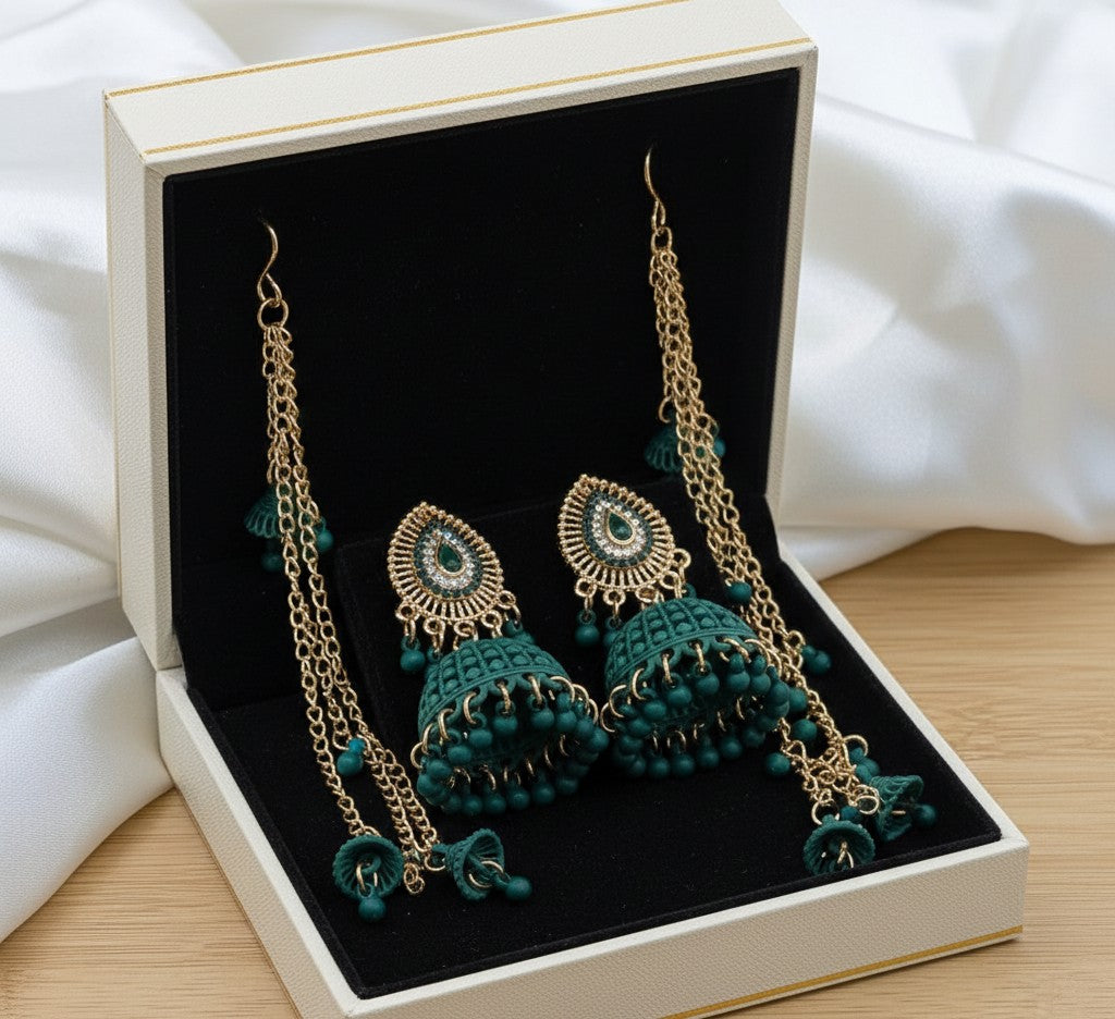 Traditional Ethnic Jhumka Earrings with Multi-Layered Sahara Chains - Bridal Fashion Jewelry