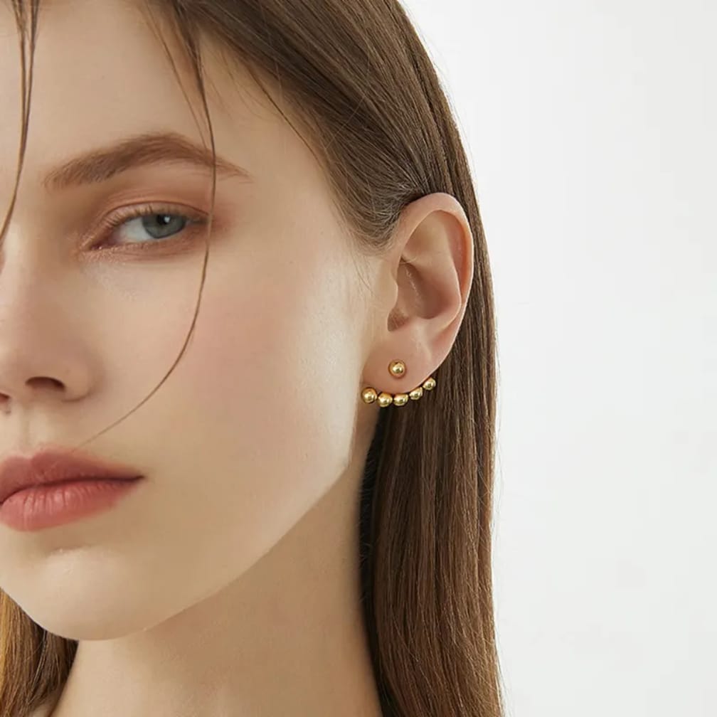 Minimalist Gold-Tone Beaded Ear Jackets – Trendy Front-Back Stud Earrings for Women