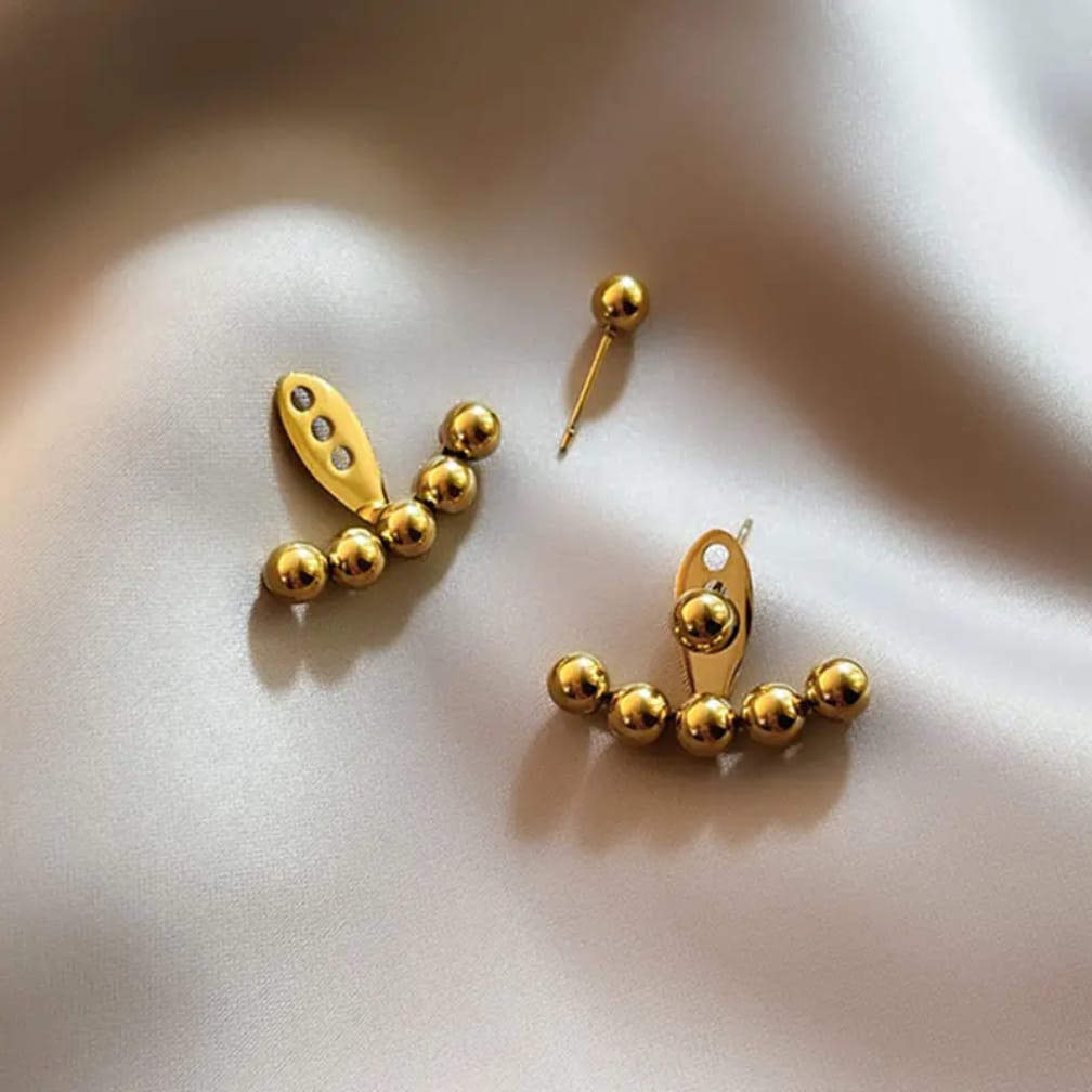 Minimalist Gold-Tone Beaded Ear Jackets – Trendy Front-Back Stud Earrings for Women